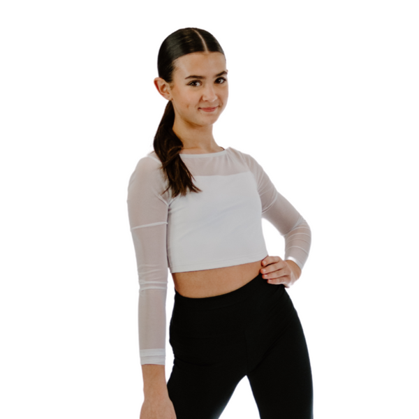 Long Sleeve White Mesh Crop Top